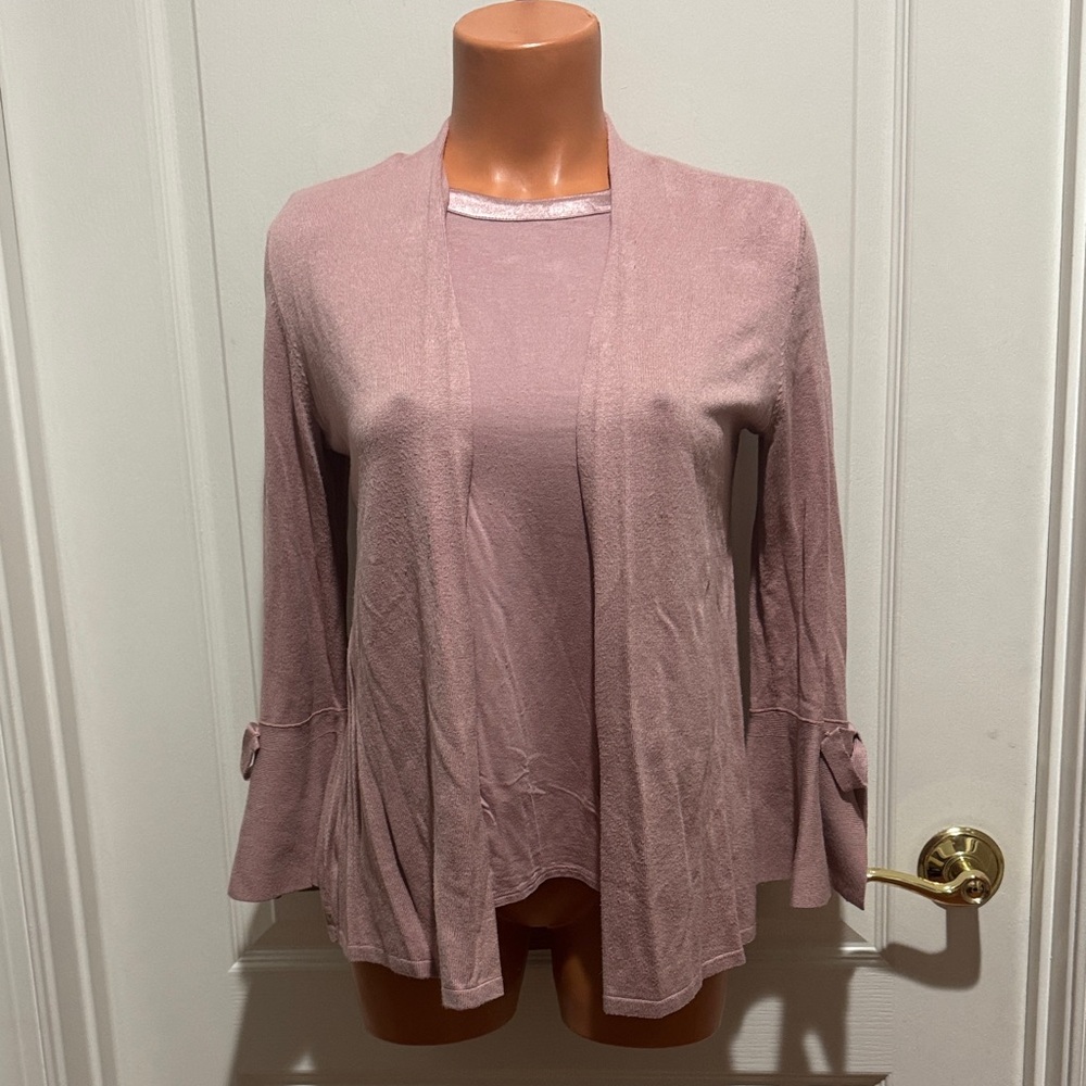 ALFANI 2p Tie Sleeve Cardigan Satin Trim T Shirt PS SP Pottery Clay $120 EUC